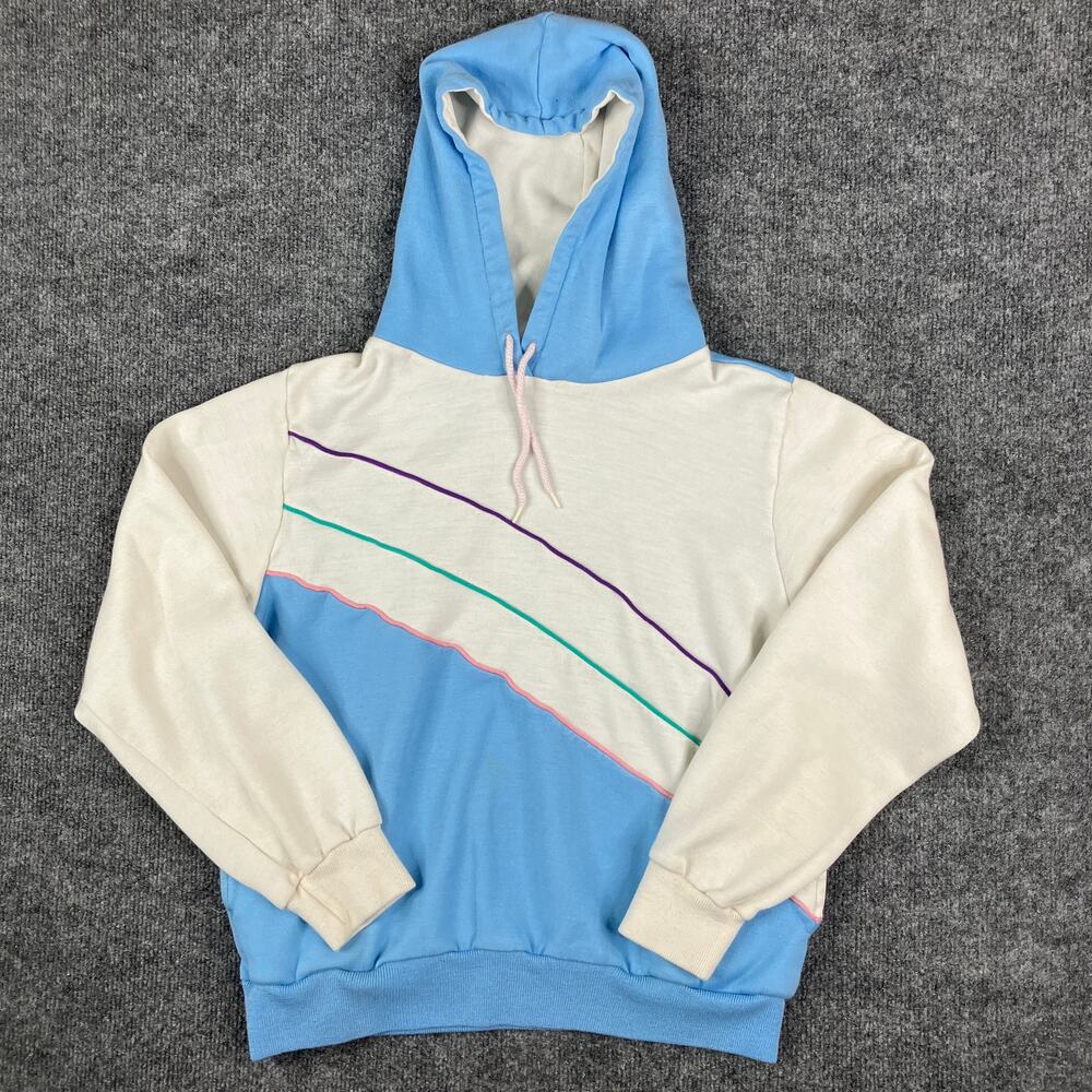 BioTech Hoodie Womens L‎ Blue Cream Vintage Retro Stripe Pullover 80s Style